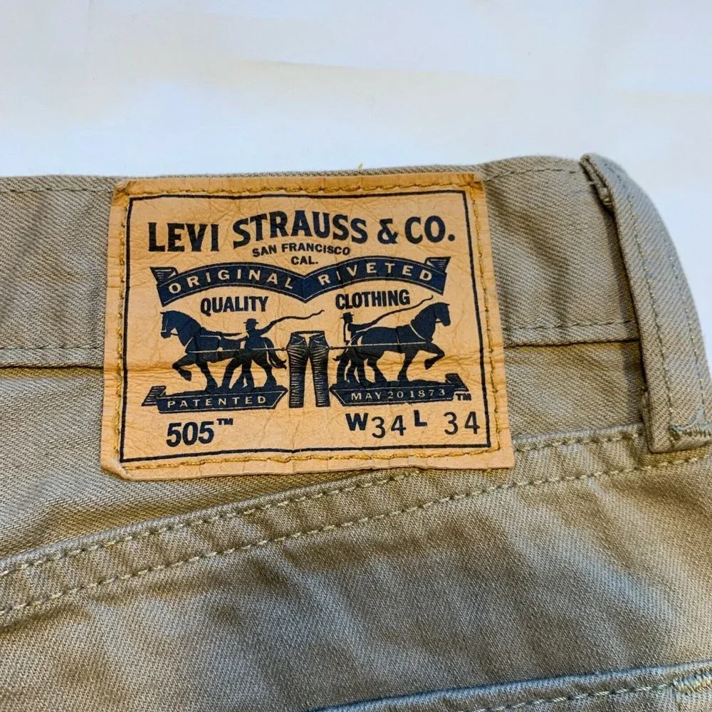 Levi's 505 Jeans Mens 34x34 Regular Fit Straight Leg‎ Khaki Cotton White Tab